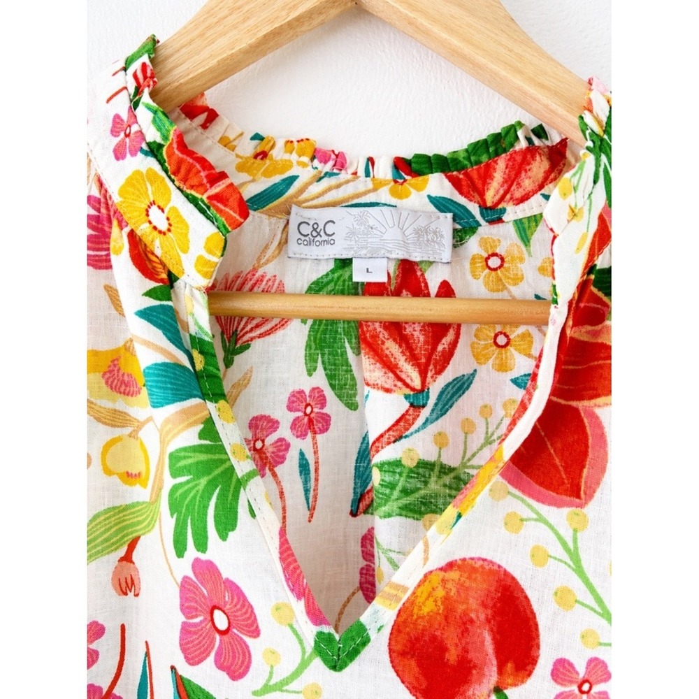 C&C California Floral Fruit Print Blouse Size L Boho Peasant Top Lightweight - Picture 6 of 8